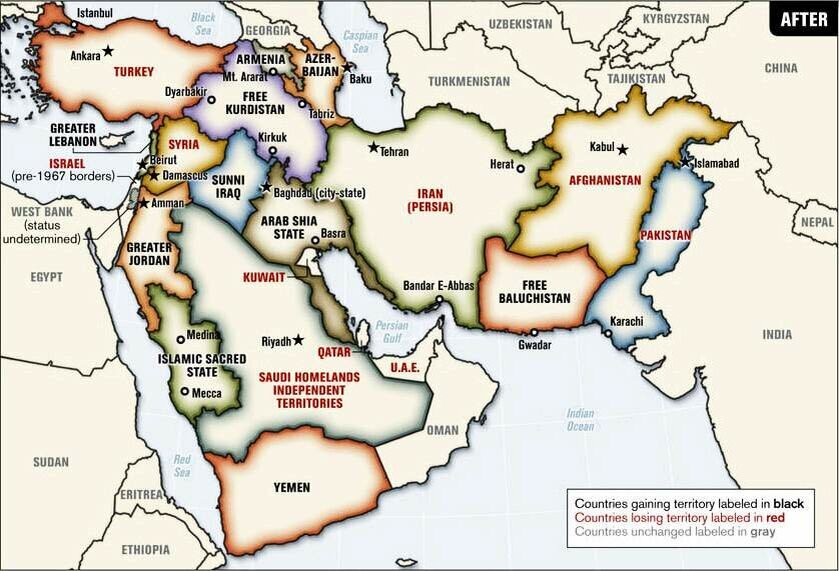 Mapa plukovníka vo výslužbe Ralpha Petersa s predpoveďou preformátovania Veľkého Blízkeho východu