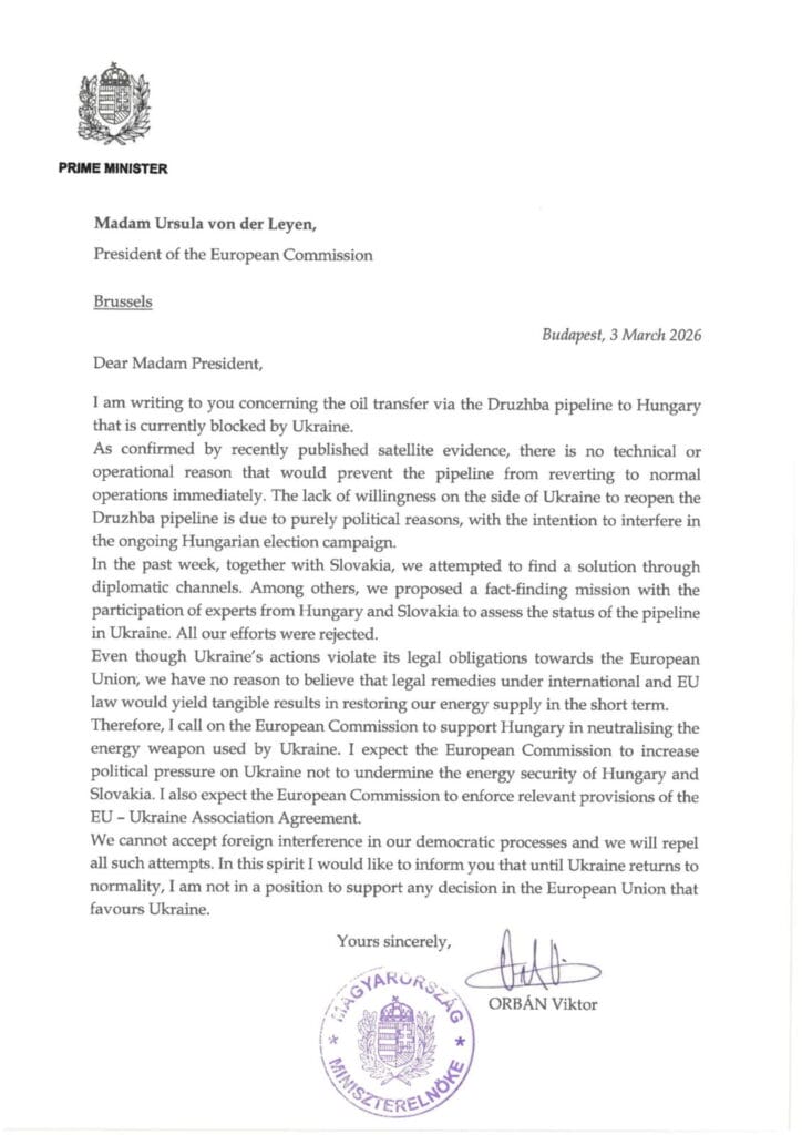 Orbán žiada od EÚ konanie v súvislosti s vydieraním Ukrajiny ropou zo strany Leyenovej