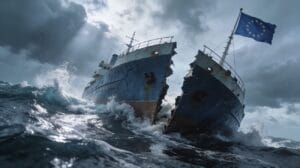 EÚ loď rozlomená na dve polky s eú vlajkou sa potápa