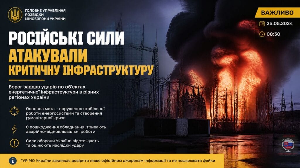 Ukrajinská rozviedka hlási útok ruských síl na kritickú infraštruktúru.