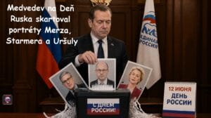 Medvedev na Deň Ruska skartoval portréty Merza, Starmera a Uršuly